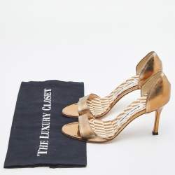 Pre Owned Manolo Blahnik Bronze Leather Open Toe Pumps Size 36.5