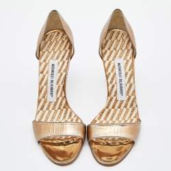 Pre Owned Manolo Blahnik Bronze Leather Open Toe Pumps Size 36.5
