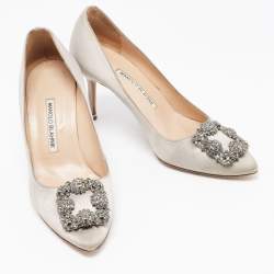 Pre Owned Manolo Blahnik Grey Satin Hangisi Pumps Size 38