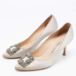 Pre Owned Manolo Blahnik Grey Satin Hangisi Pumps Size 38