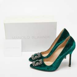 Manolo Blahnik Green Velvet Hangisi Crystal Embellished Pumps Size 39