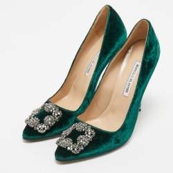Manolo Blahnik Green Velvet Hangisi Crystal Embellished Pumps Size 39