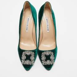 Manolo Blahnik Green Velvet Hangisi Crystal Embellished Pumps Size 39