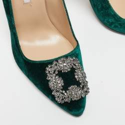 Manolo Blahnik Green Velvet Hangisi Crystal Embellished Pumps Size 39