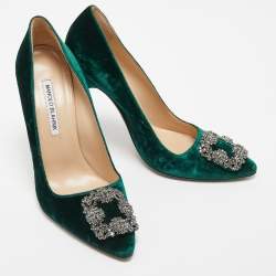Manolo Blahnik Green Velvet Hangisi Crystal Embellished Pumps Size 39