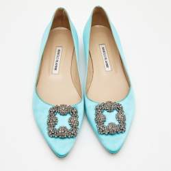 Pre Owned Manolo Blahnik Blue Satin Hangisi Flats Size 41