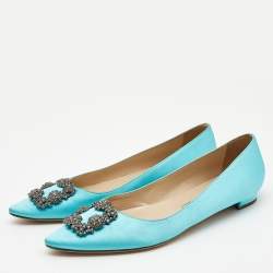 Pre Owned Manolo Blahnik Blue Satin Hangisi Flats Size 41