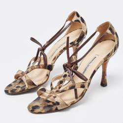 Pre Owned Manolo Blahnik Green/Brown Fabric Ankle Wrap Sandals Size 40