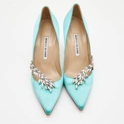 Pre Owned Manolo Blahnik Blue Satin Crystal Embellished Pumps Size 39