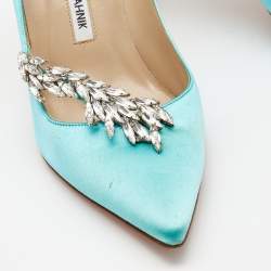 Pre Owned Manolo Blahnik Blue Satin Crystal Embellished Pumps Size 39