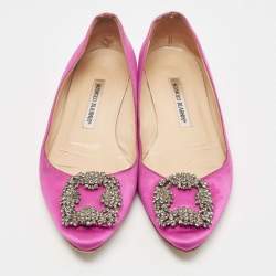 Pre Owned Manolo Blahnik Pink Satin Hangisi Ballet Flats Size 38