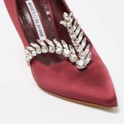Pre Owned Manolo Blahnik Burgundy Satin Shufti Crystals Embellished Pumps Size 35.5