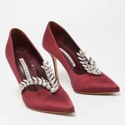 Pre Owned Manolo Blahnik Burgundy Satin Shufti Crystals Embellished Pumps Size 35.5