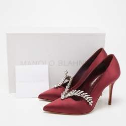 Pre Owned Manolo Blahnik Burgundy Satin Shufti Crystals Embellished Pumps Size 35.5