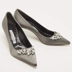 Pre Owned Manolo Blahnik Grey Satin Lurum Crystals Embellished Pumps Size 37