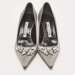 Pre Owned Manolo Blahnik Grey Satin Lurum Crystals Embellished Pumps Size 37