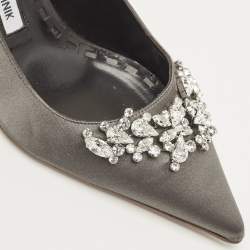 Pre Owned Manolo Blahnik Grey Satin Lurum Crystals Embellished Pumps Size 37