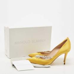 Pre Owned Manolo Blahnik Yellow Satin Crystals Embellished Nadira Pumps Size 40