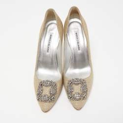 Manolo Blahnik Gold Glitter Fabric Hangisi Pumps Size 38