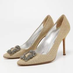 Manolo Blahnik Gold Glitter Fabric Hangisi Pumps Size 38