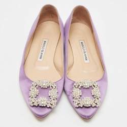 Pre Owned Manolo Blahnik Purple Satin Hangisi Ballet Flats Size 36.5