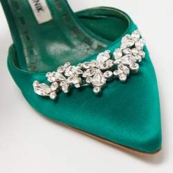 Manolo Blahnik Green Satin Crystal Embellished Lurum Mules Size 37.5