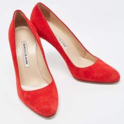 Pre Owned Manolo Blahnik Red Suede Round Toe Pumps Size 37.5