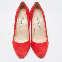 Pre Owned Manolo Blahnik Red Suede Round Toe Pumps Size 37.5