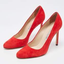Pre Owned Manolo Blahnik Red Suede Round Toe Pumps Size 37.5