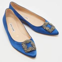Pre Owned Manolo Blahnik Blue Satin Hangisi Ballet Flats Size 39.5
