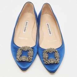 Pre Owned Manolo Blahnik Blue Satin Hangisi Ballet Flats Size 39.5