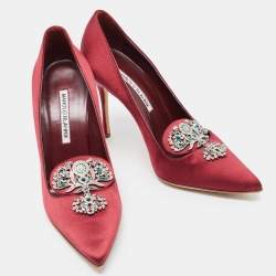 Pre Owned Manolo Blahnik Burgundy Satin Crystal Embellished Pointed Toe Pumps Size 38.5