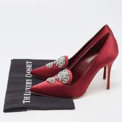 Pre Owned Manolo Blahnik Burgundy Satin Crystal Embellished Pointed Toe Pumps Size 38.5
