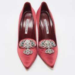 Pre Owned Manolo Blahnik Burgundy Satin Crystal Embellished Pointed Toe Pumps Size 38.5
