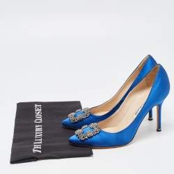 Pre Owned Manolo Blahnik Blue Satin Hangisi Crystal Embellished Pointed Toe Pumps Size 39.5