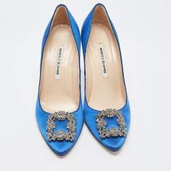 Pre Owned Manolo Blahnik Blue Satin Hangisi Crystal Embellished Pointed Toe Pumps Size 39.5