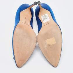 Pre Owned Manolo Blahnik Blue Satin Hangisi Crystal Embellished Pointed Toe Pumps Size 39.5