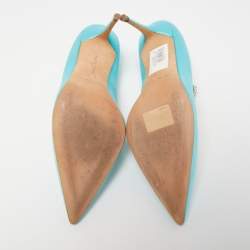 Pre Owned Manolo Blahnik Sky Blue Satin Nadira Crystal Embellished Pointed Toe Pumps Size 38.5