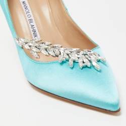 Pre Owned Manolo Blahnik Sky Blue Satin Nadira Crystal Embellished Pointed Toe Pumps Size 38.5