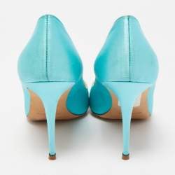 Pre Owned Manolo Blahnik Sky Blue Satin Nadira Crystal Embellished Pointed Toe Pumps Size 38.5