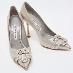 Pre Owned Manolo Blahnik Grey Satin Crystal Embellished Pointed Toe Pumps Size 36