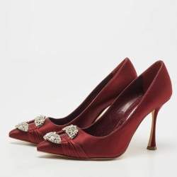 Pre Owned Manolo Blahnik Burgundy Satin Tartonacri Pumps Size 36.5