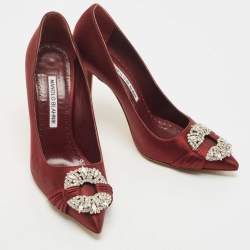 Pre Owned Manolo Blahnik Burgundy Satin Tartonacri Pumps Size 36.5