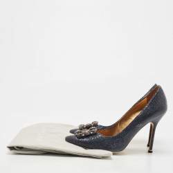 Pre Owned Manolo Blahnik Navy Blue Textured Leather Hangisi Pumps Size 39.5