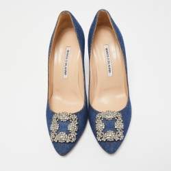 Pre Owned Manolo Blahnik Blue Denim Hangisi Pumps Size 39.5