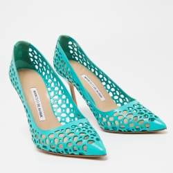 Pre Owned Manolo Blahnik Blue Laser Cut Leather BB Laserato Pumps Size 38