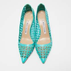 Pre Owned Manolo Blahnik Blue Laser Cut Leather BB Laserato Pumps Size 38