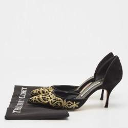 Manolo Blahnik Black Suede Embroidered Volta D'Orsay Pumps Size 37.5