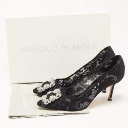 Pre Owned Manolo Blahnik Black Lace and Canvas Hangisi Pumps Size 36.5