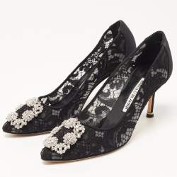 Pre Owned Manolo Blahnik Black Lace and Canvas Hangisi Pumps Size 36.5